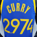 CAMISA GOLDEN STATE WARRIORS - QUBRA DE RECORDE STEPHEN CURRY 2974 VEZES DE 3 - AZUL COM NIKE BRILHANTE - ICON EDITION 75TH ANNIVERSARY - 2021/ 2022